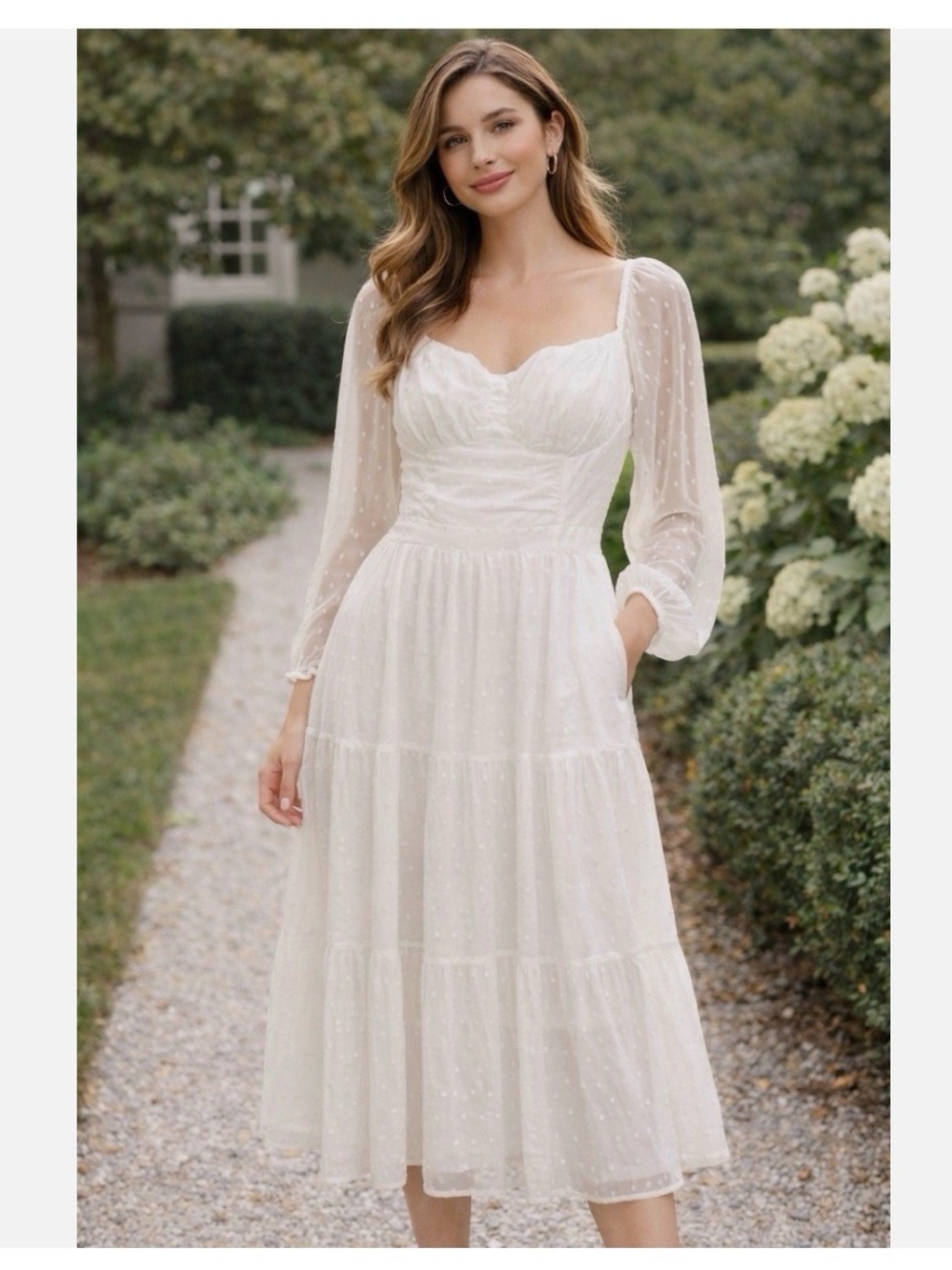 Lulu's White Swiss Dot Midi Dress with Sheer Details